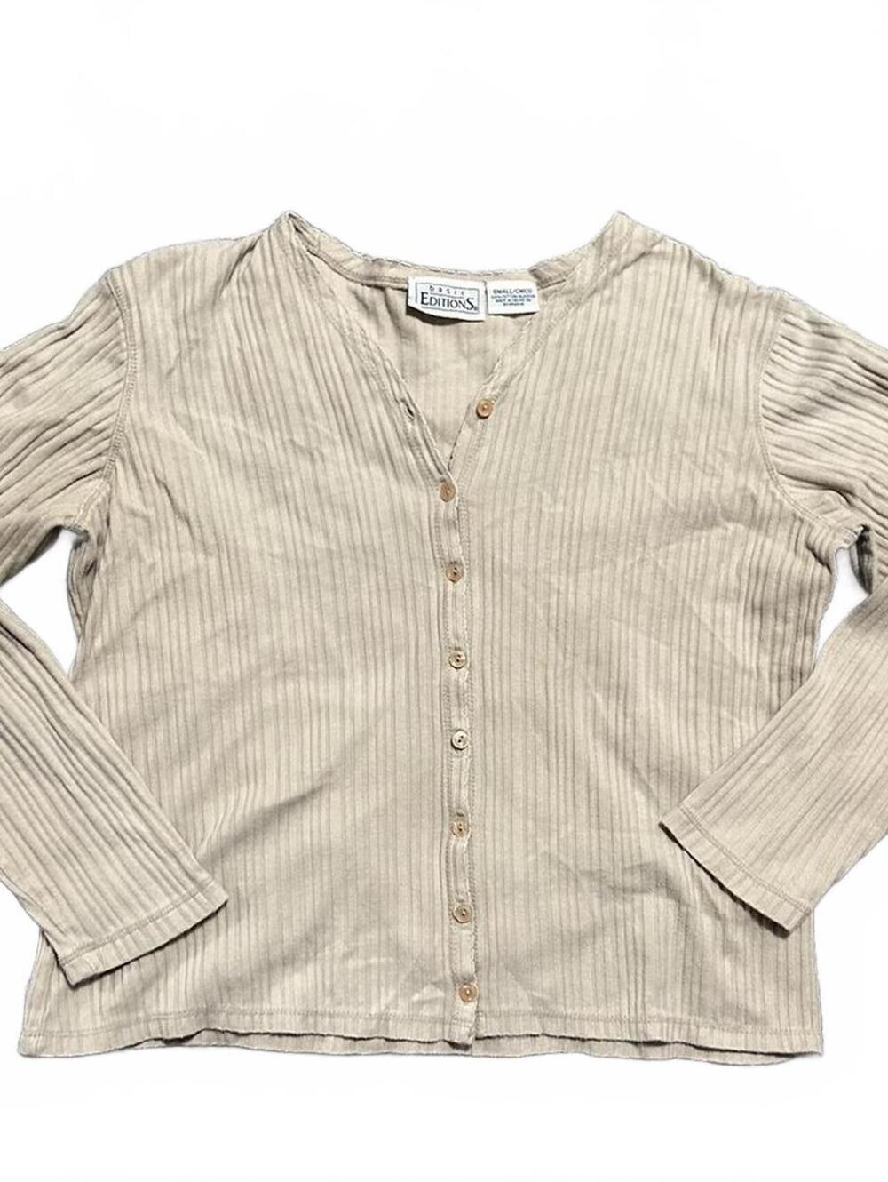90s Basic Edition Tan Coquette Ribbed Cotton Cardigan Size S